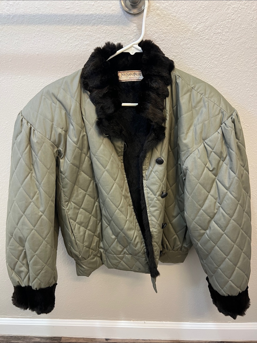 Yves Saint Laurent Quilted Sage Green Bomber Jacket with Black Trim